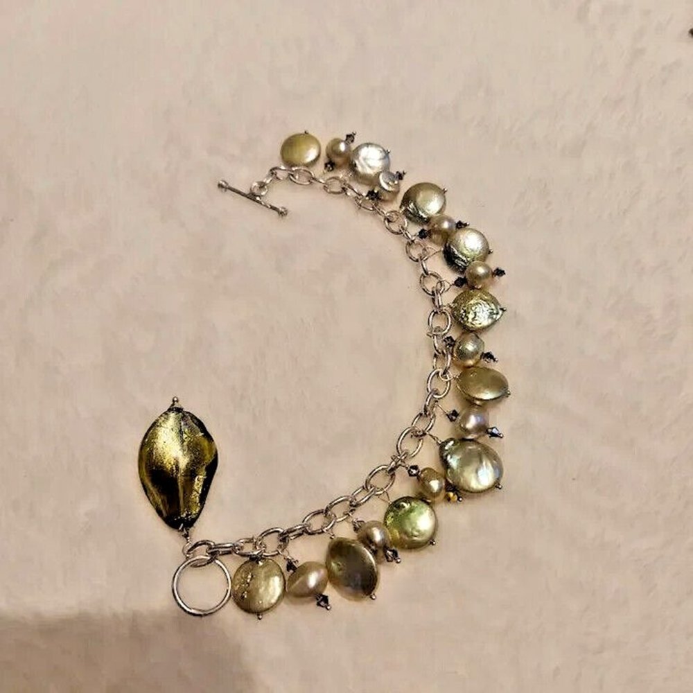 925 Sterling Silver and Green Vintage 80s Art Glass Bracelet